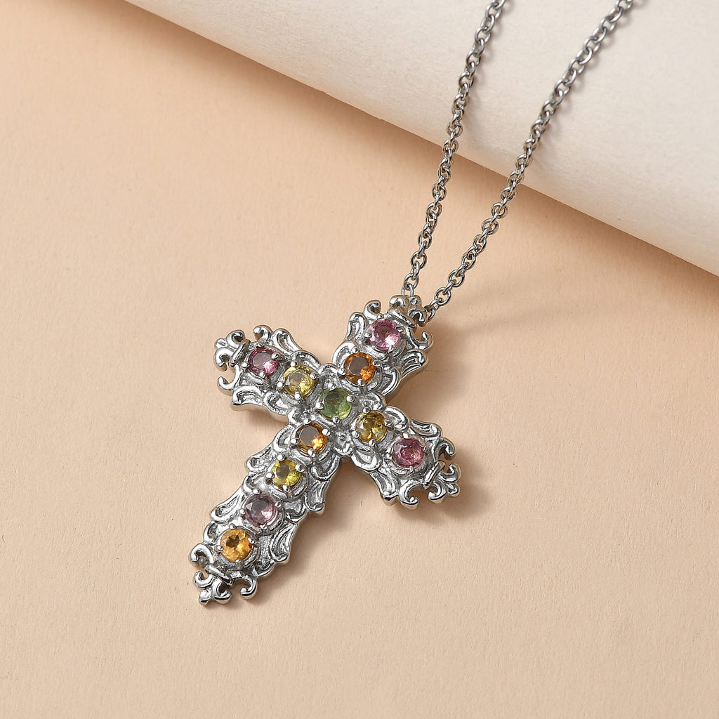 Multi-Tourmaline Cross Pendant with Chain (Size 20) 1.42 Ct._4464520_2