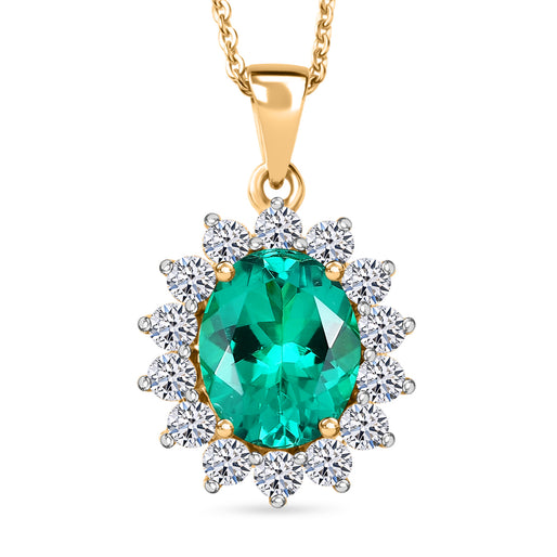Luxuriant - AAA Lab Grown Colombian Emerald & Lab Grown Diamond (VS-E-F 0.65 Cts) Halo Pendant with Chain (Size 20) in 18K Vermeil Yellow Gold Plated Sterling Silver 2.92 Ct.