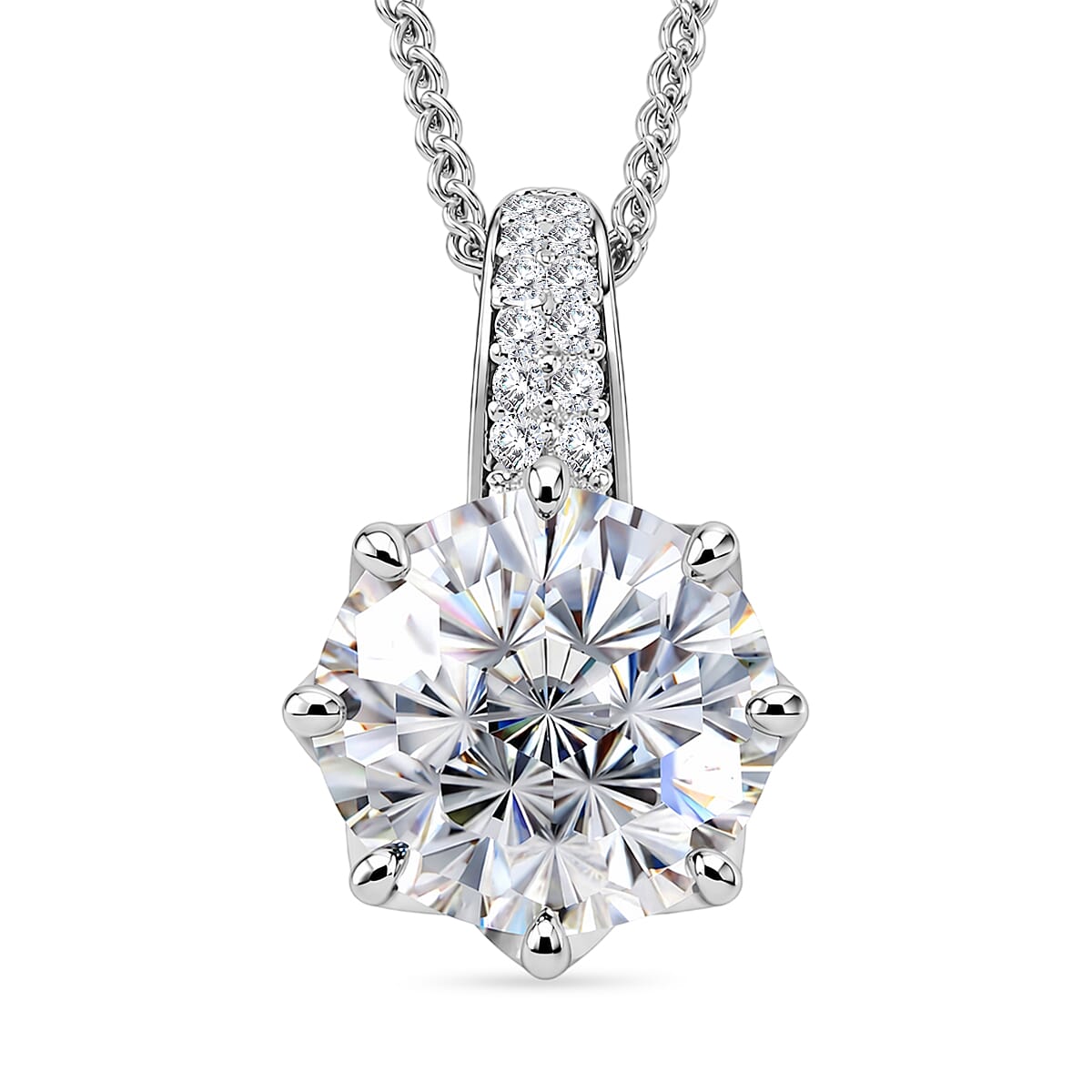 GRA Certified (D-VVS1) Moissanite Solitaire Pendant with Chain (Size 18) in Rhodium Overlay Sterling Silver 2.92 Ct. V32490642 0