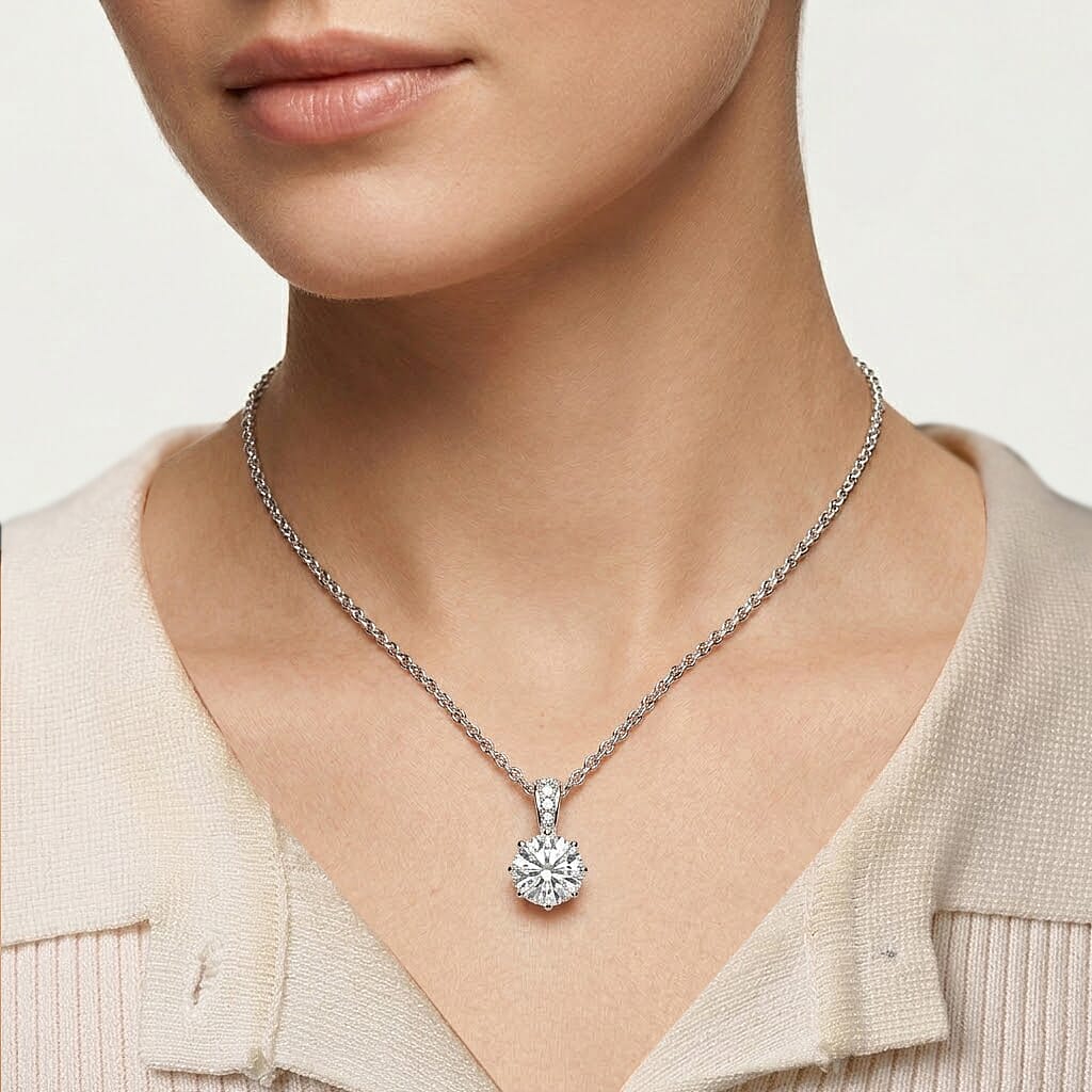 GRA Certified (D-VVS1) Moissanite Solitaire Pendant with Chain (Size 18) in Rhodium Overlay Sterling Silver 2.92 Ct. V32490642 2