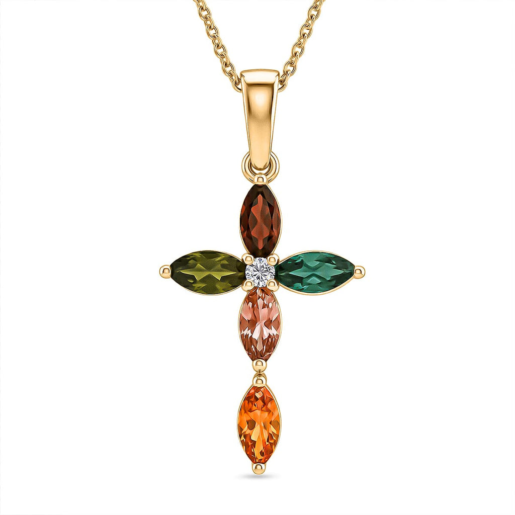 Luxuriant - Multi-Tourmaline & Lab Grown Diamond (SI/G-H) Cross Pendant with Chain (Size 20) in Yellow Gold Plated Sterling Silver 1.80 Ct._4467894