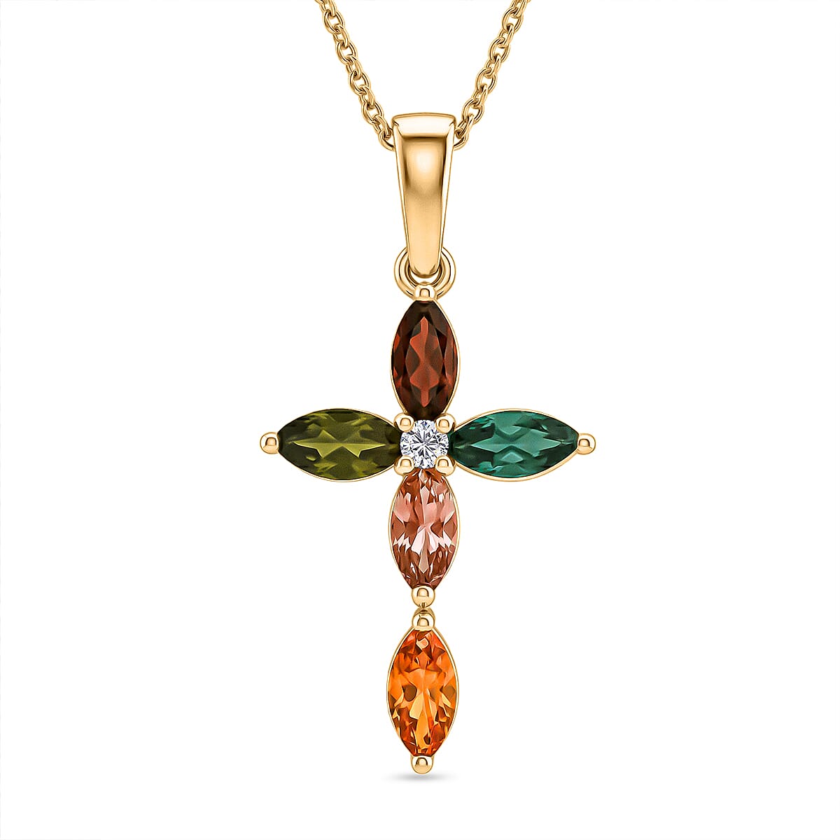 Luxuriant - Multi-Tourmaline &amp; Lab Grown Diamond (SI/G-H) Cross Pendant with Chain (Size 20) in Yellow Gold Plated Sterling Silver 1.80 Ct. V32538629 0