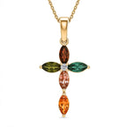 Luxuriant - Multi-Tourmaline & Lab Grown Diamond (SI/G-H) Cross Pendant with Chain (Size 20) in Yellow Gold Plated Sterling Silver 1.80 Ct._4467894