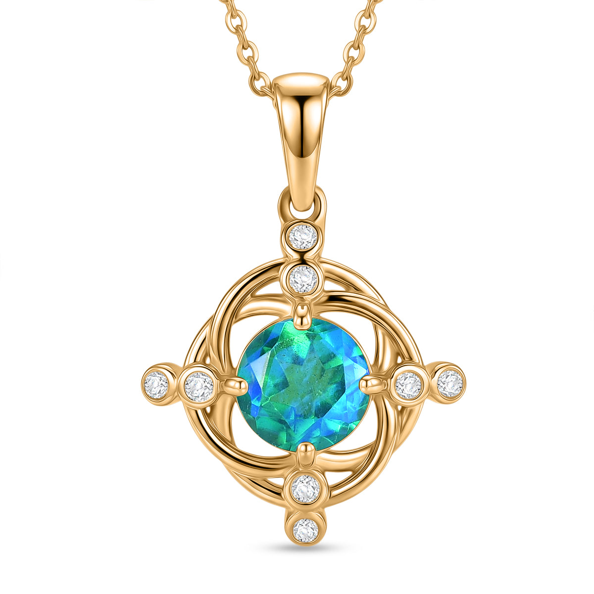 D'Joy - Peacock Triplet Quartz &amp; White Zircon Pendant with Chain (Size 20) in Yellow Gold Plated Sterling Silver 1.56 Ct. V32514255 0