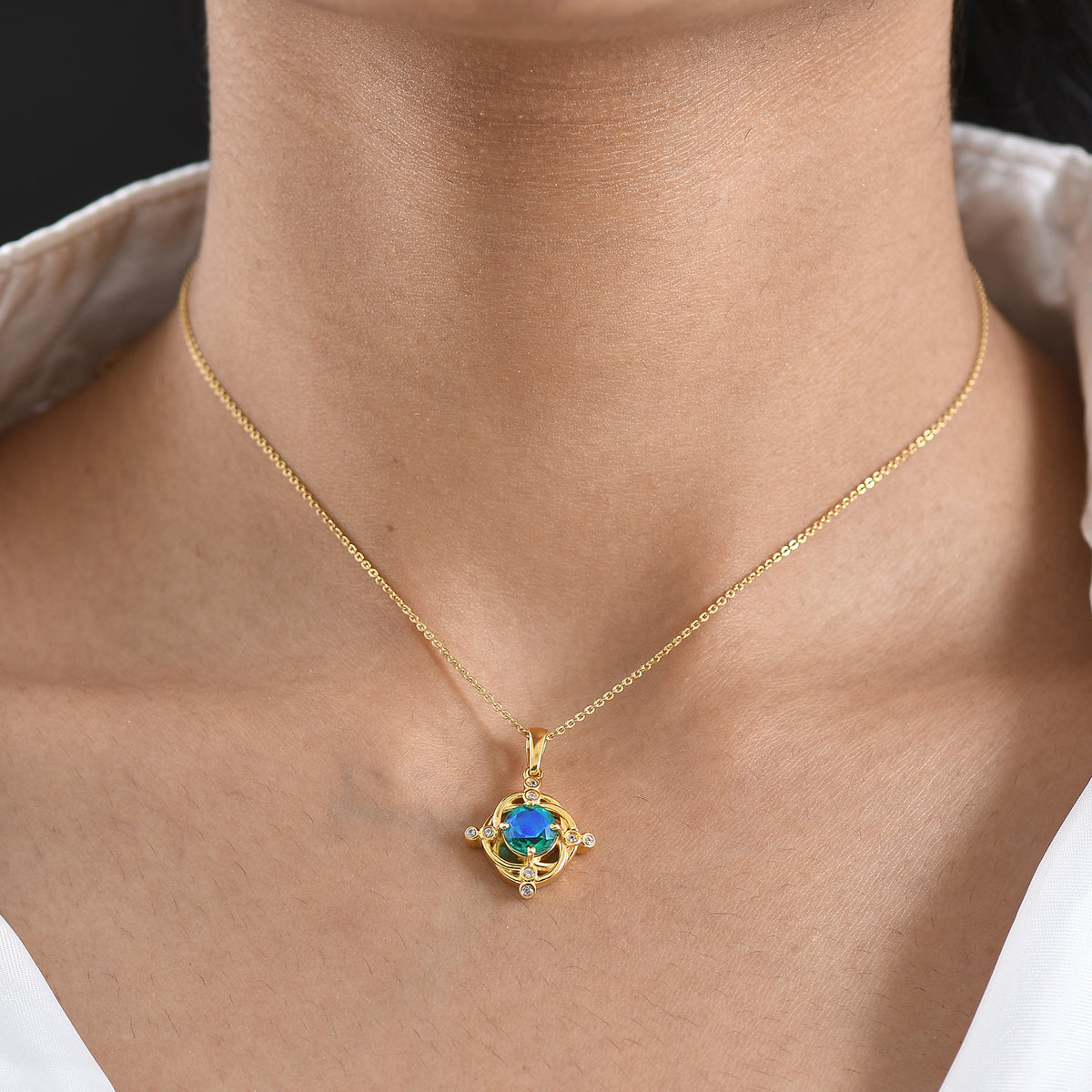 D'Joy - Peacock Triplet Quartz &amp; White Zircon Pendant with Chain (Size 20) in Yellow Gold Plated Sterling Silver 1.56 Ct. V32514255 2