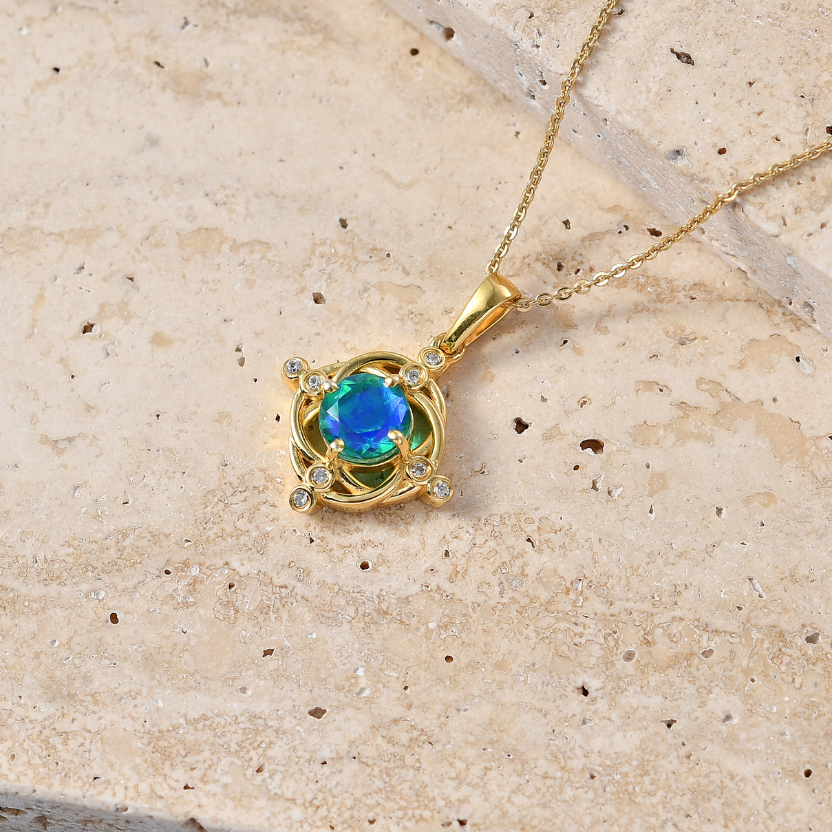 D'Joy - Peacock Triplet Quartz &amp; White Zircon Pendant with Chain (Size 20) in Yellow Gold Plated Sterling Silver 1.56 Ct. V32514255 3