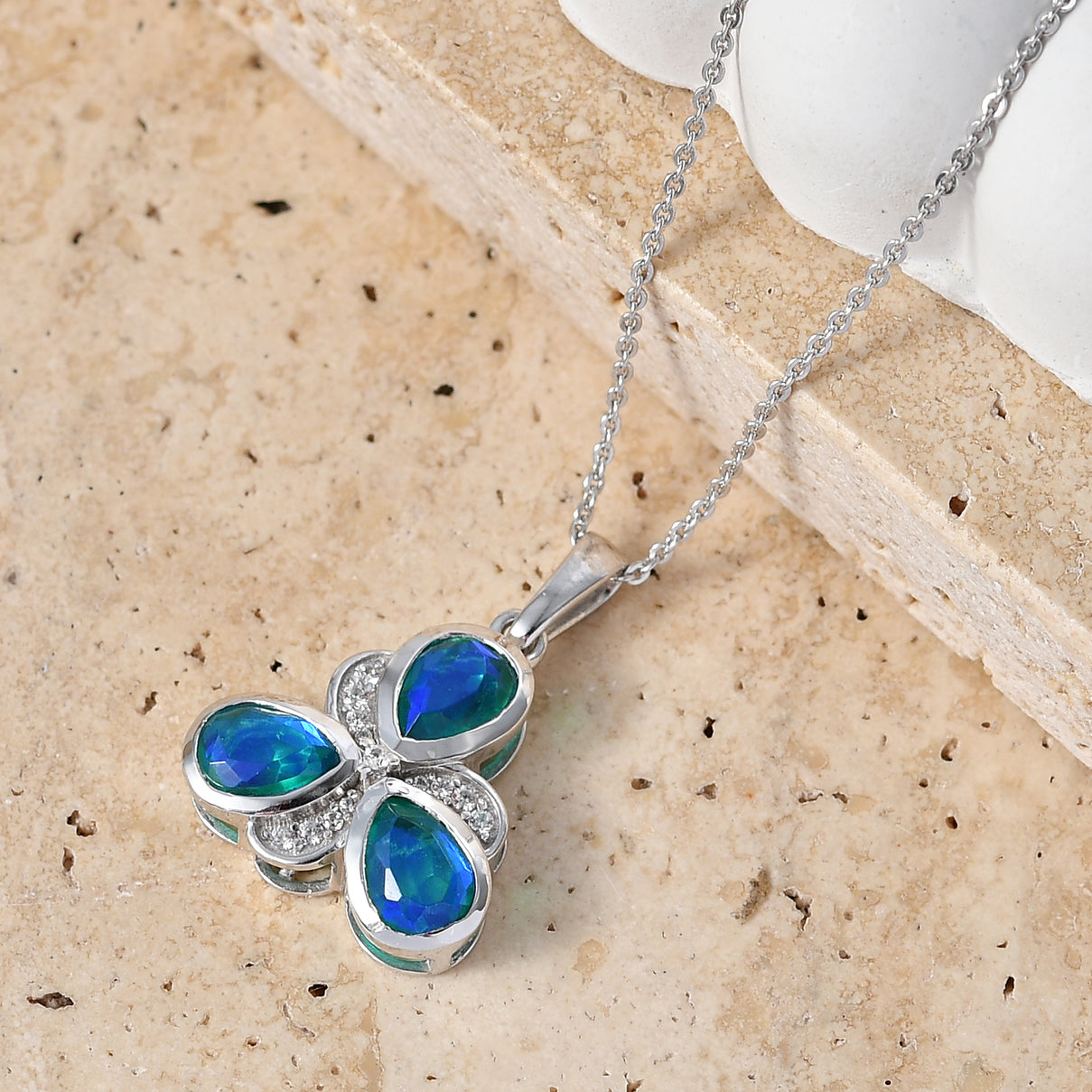 D'Joy - Peacock Triplet Quartz &amp; White Zircon Pendant with Chain (Size 20) in Platinum Overlay Sterling Silver 2.45 Ct. V32514029 3