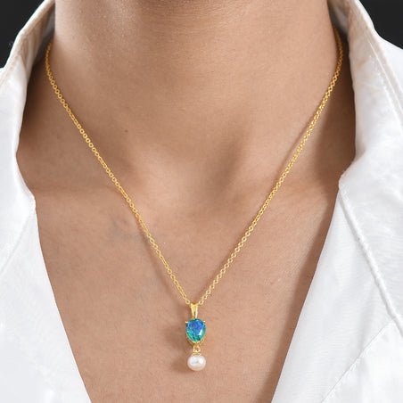 D'Joy - Peacock Triplet Quartz &amp; Fresh Water Pearl Pendant in Yellow Gold Plated Sterling Silver with Chain (Size 20) 5.20 Ct. 4468348 2