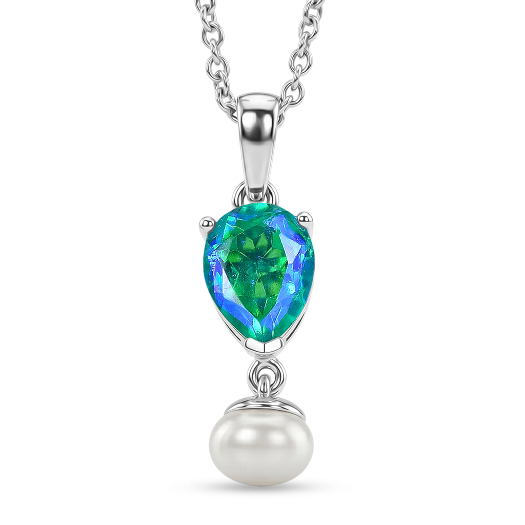 D'Joy - Peacock Triplet Quartz & Fresh Water Pearl Pendant in Platinum Overlay with Chain (Size 20) 5.20 Ct._4468349