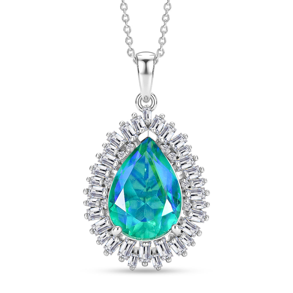D'Joy - Peacock Triplet Quartz & Moissanite Halo Pendant with Chain (Size 20) in Rhodium Overlay Sterling Silver 6.60 Ct._4468469