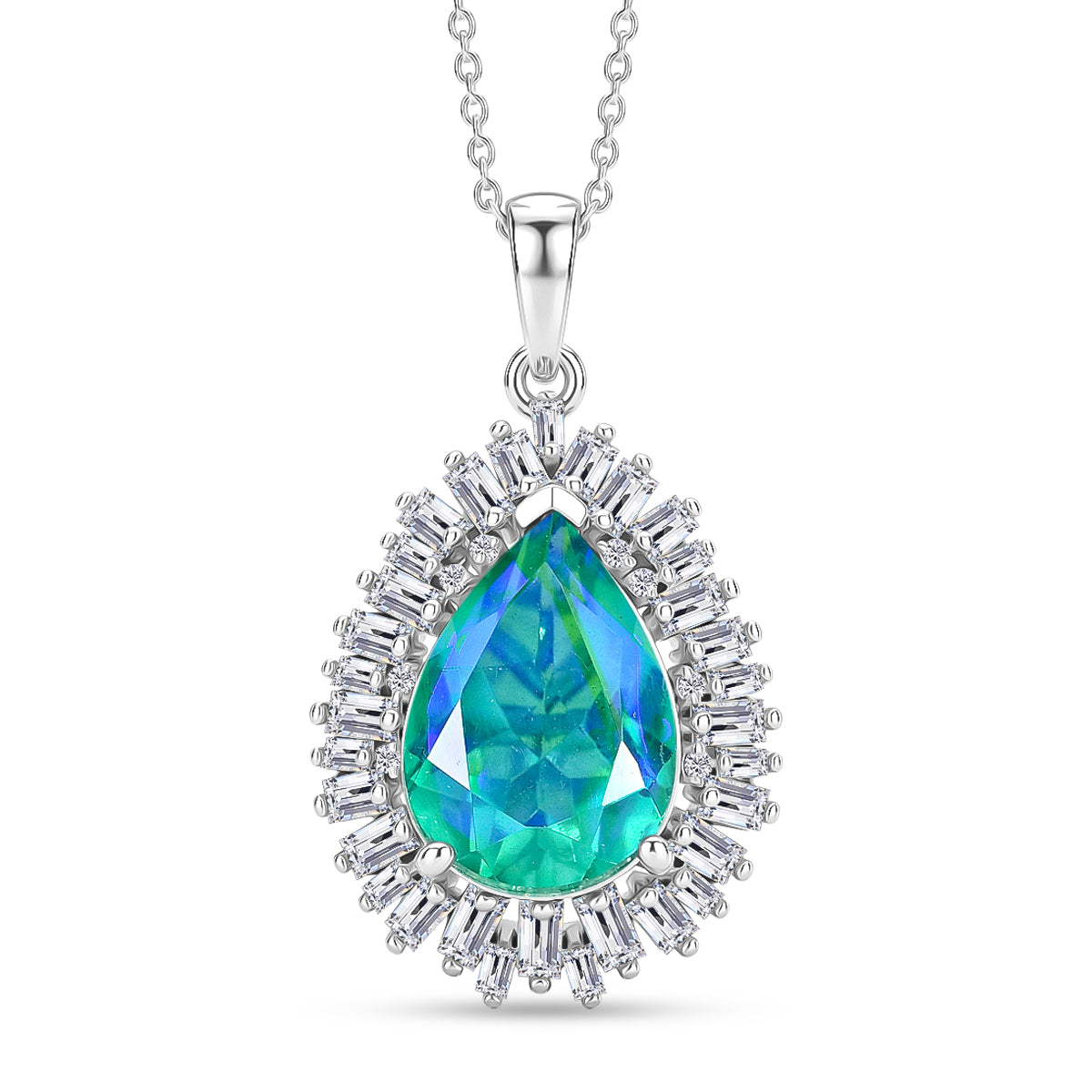 D'Joy - Peacock Triplet Quartz &amp; Moissanite Halo Pendant with Chain (Size 20) in Rhodium Overlay Sterling Silver 6.60 Ct. V32524300 0