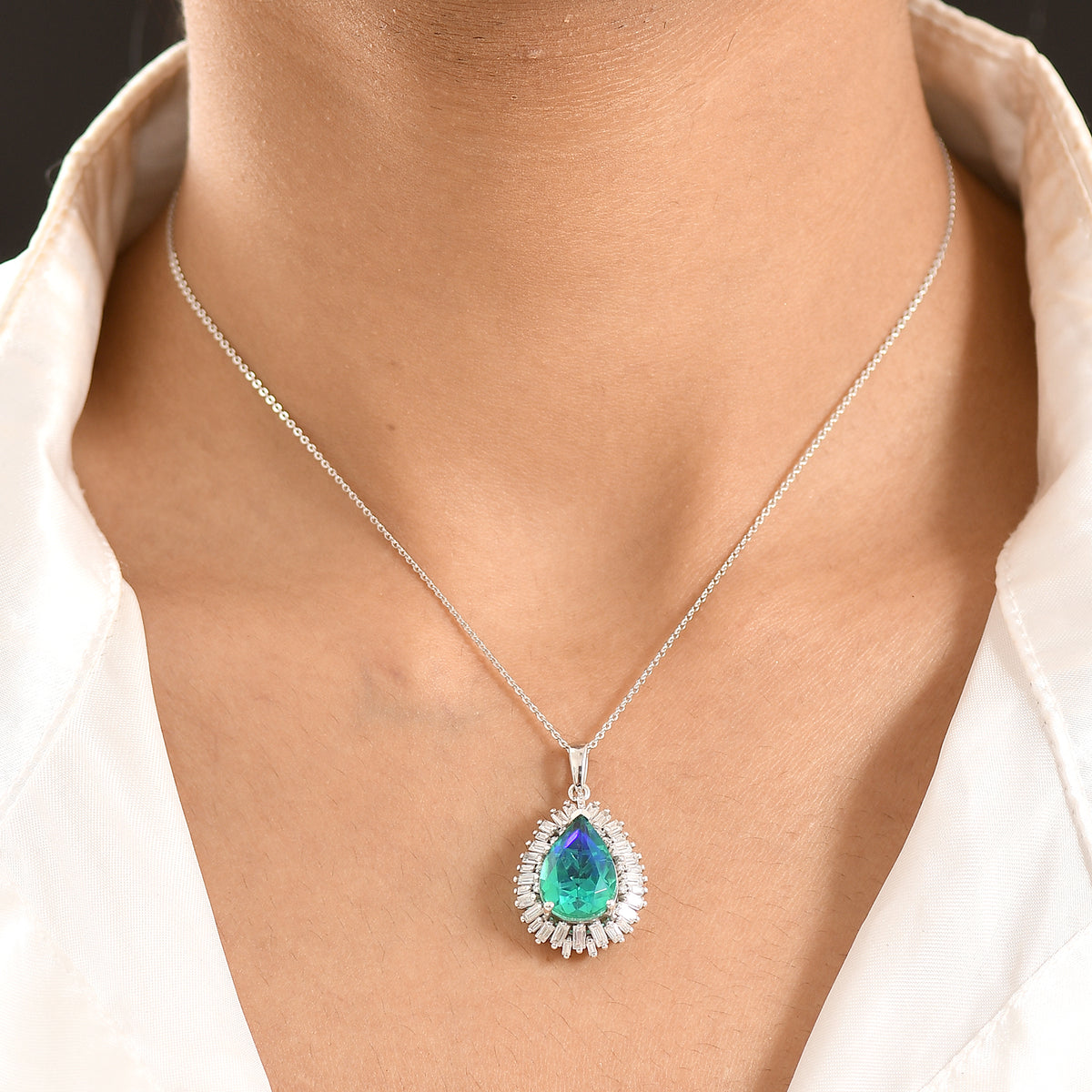 D'Joy - Peacock Triplet Quartz &amp; Moissanite Halo Pendant with Chain (Size 20) in Rhodium Overlay Sterling Silver 6.60 Ct. V32524300 2