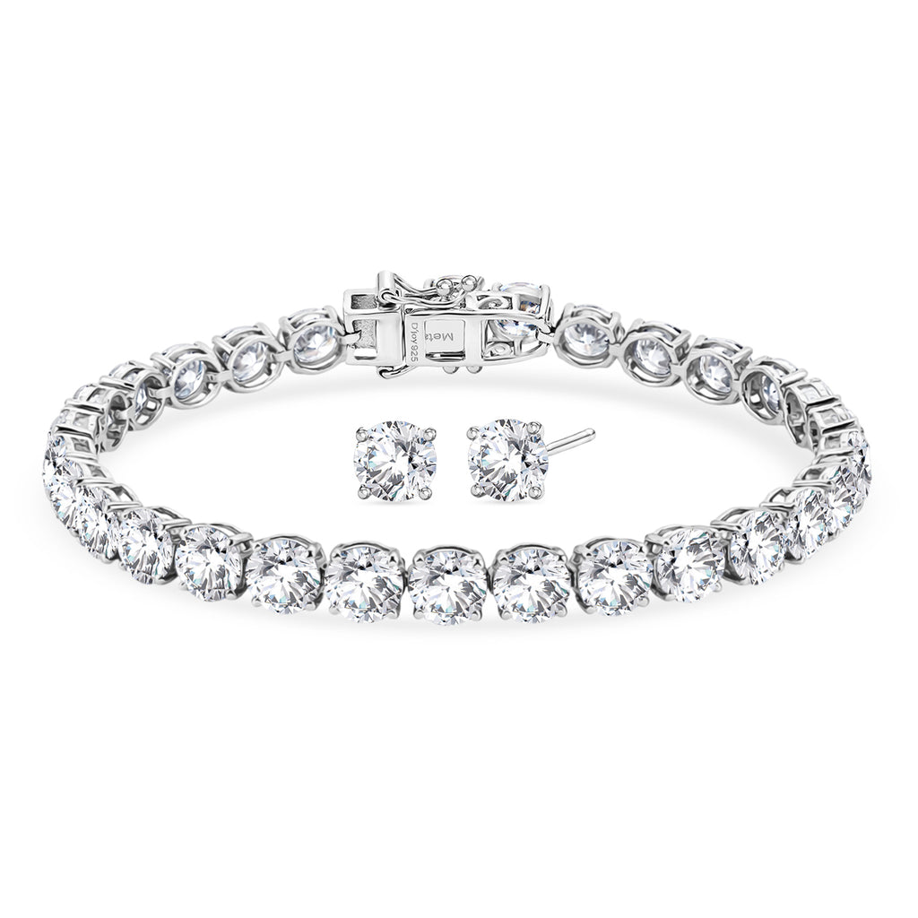 TJC EXLCLUSIVE - Set of 2 - D'Joy Moissanite Solitaire Stud Push Post Earring & Bracelet (Size - 7) in Rhodium Overlay Sterling Silver 22.80 Ct, Silver Wt. 10.47 Gms_4468754