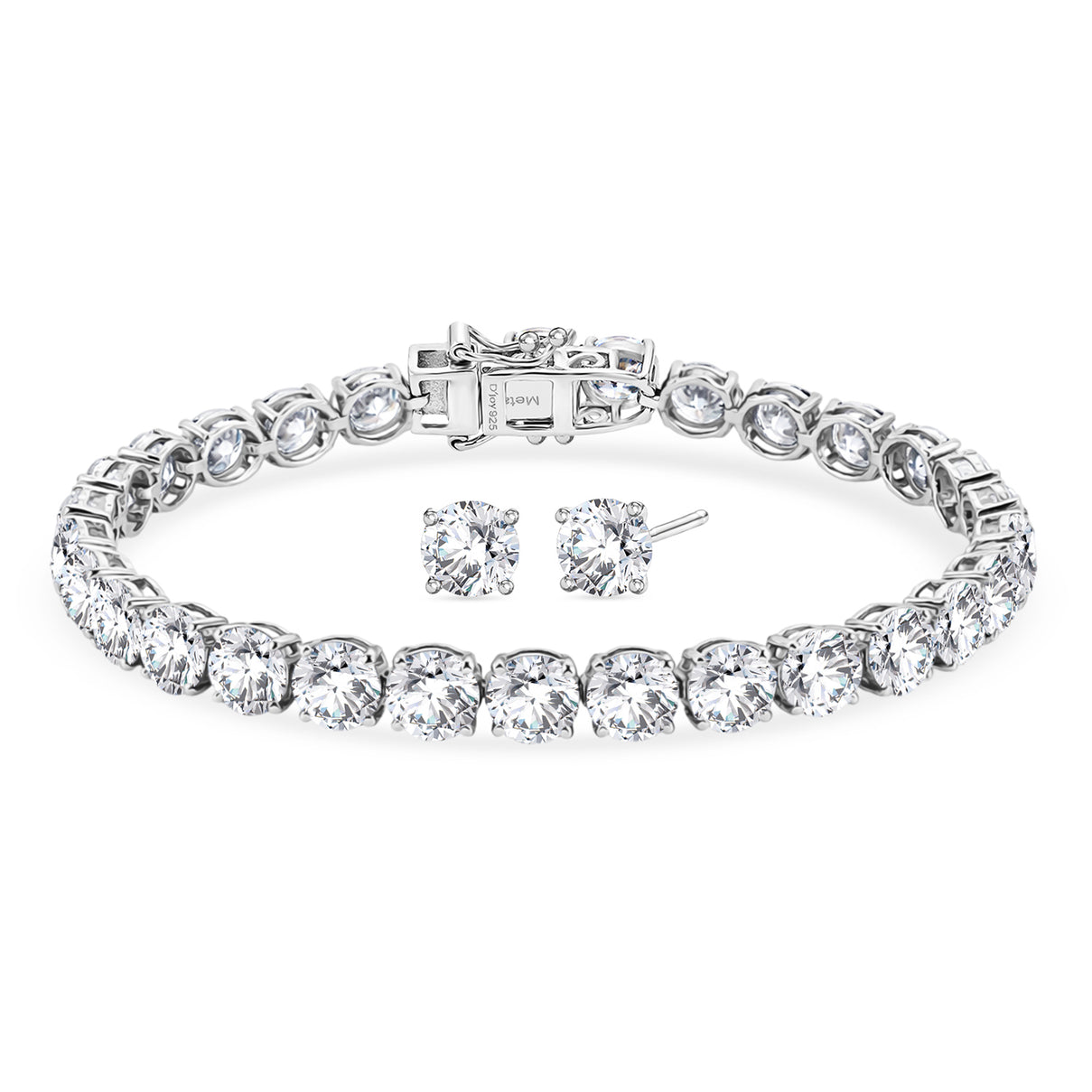 TJC EXLCLUSIVE - Set of 2 - D'Joy Moissanite Solitaire Stud Push Post Earring &amp; Bracelet (Size - 7) in Rhodium Overlay Sterling Silver 22.80 Ct, Silver Wt. 10.47 Gms 4468754 0