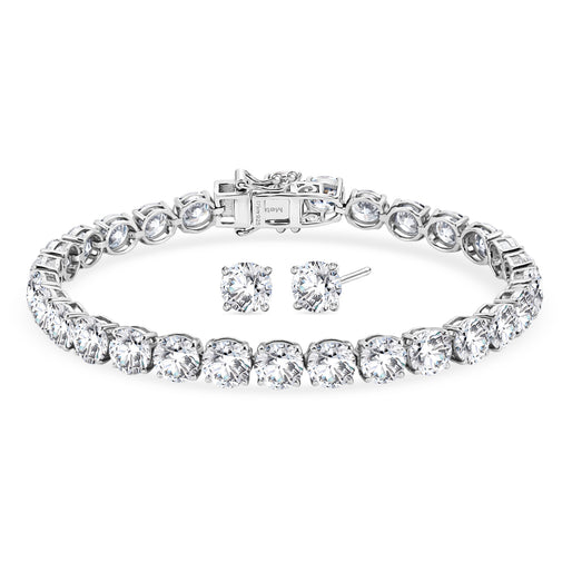 TJC EXLCLUSIVE - Set of 2 - D'Joy Moissanite Solitaire Stud Push Post Earring & Bracelet (Size - 7) in Rhodium Overlay Sterling Silver 22.80 Ct, Silver Wt. 10.47 Gms_4468754