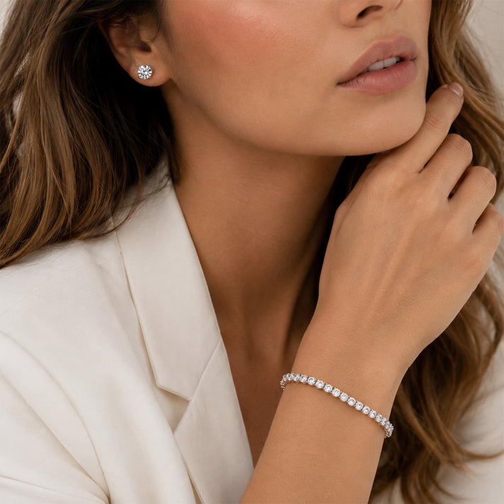 TJC EXLCLUSIVE - Set of 2 - D'Joy Moissanite Solitaire Stud Push Post Earring &amp; Bracelet (Size - 7) in Rhodium Overlay Sterling Silver 22.80 Ct, Silver Wt. 10.47 Gms 4468754 2