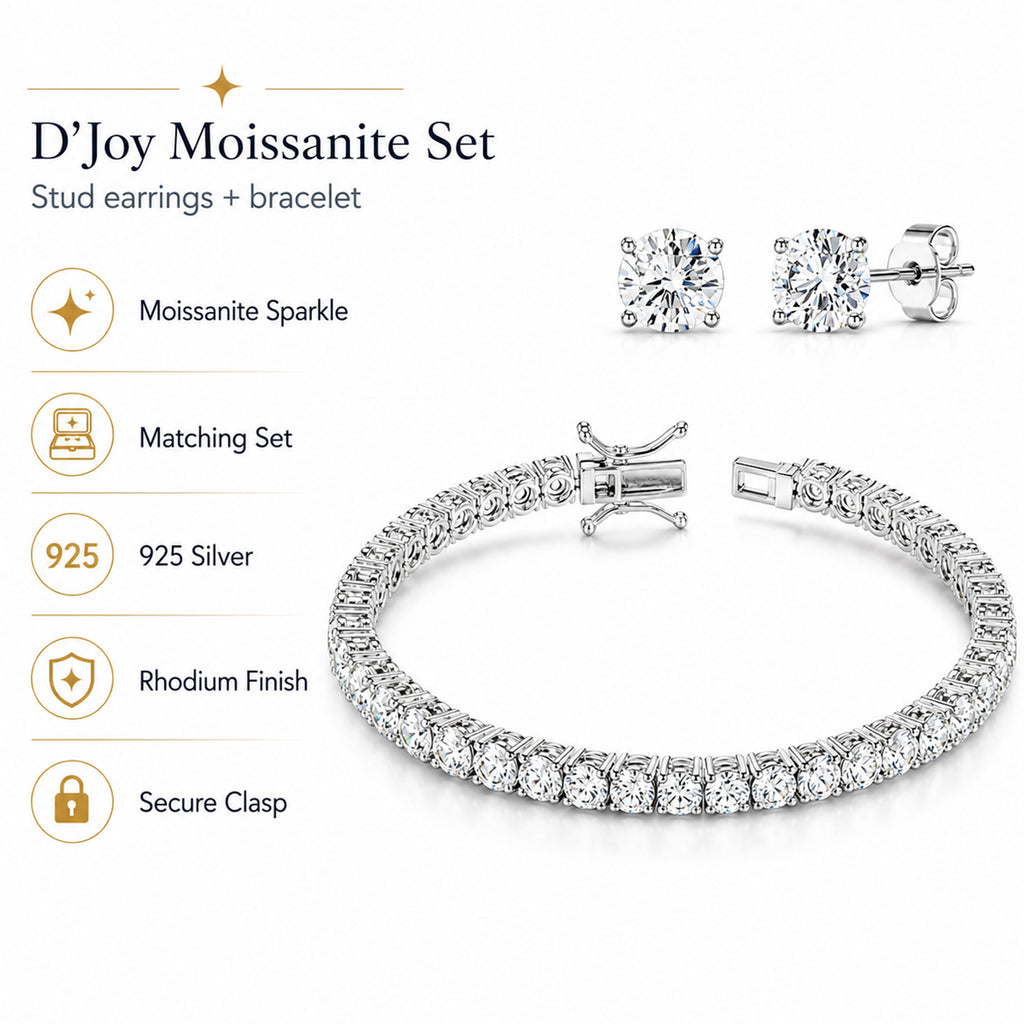TJC EXLCLUSIVE - Set of 2 - D'Joy Moissanite Solitaire Stud Push Post Earring & Bracelet (Size - 7) in Rhodium Overlay Sterling Silver 22.80 Ct, Silver Wt. 10.47 Gms_4468754_5