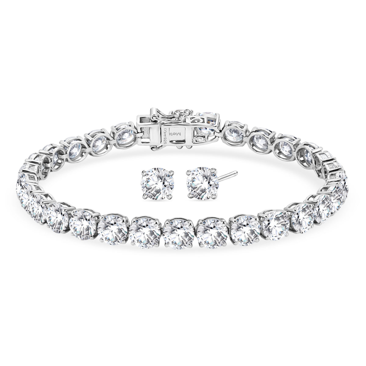 TJC EXLCLUSIVE - Set of 2 - D'Joy Moissanite Solitaire Stud Push Post Earring &amp; Bracelet (Size - 8) within Rhodium Overlay Sterling Silver 25.93 Ct, Silver Wt. 11.36 Gms V32530849 0