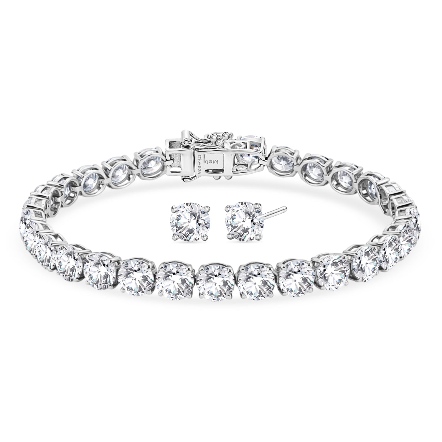 TJC EXLCLUSIVE - Set of 2 - D'Joy Moissanite Solitaire Stud Push Post Earring &amp; Bracelet (Size - 8) within Rhodium Overlay Sterling Silver 25.93 Ct, Silver Wt. 11.36 Gms V32530849 0