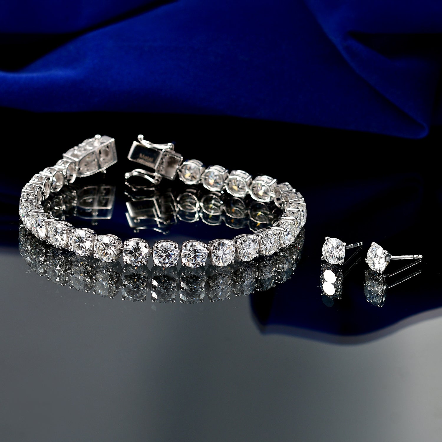 TJC EXLCLUSIVE - Set of 2 - D'Joy Moissanite Solitaire Stud Push Post Earring &amp; Bracelet (Size - 8) within Rhodium Overlay Sterling Silver 25.93 Ct, Silver Wt. 11.36 Gms V32530849 3
