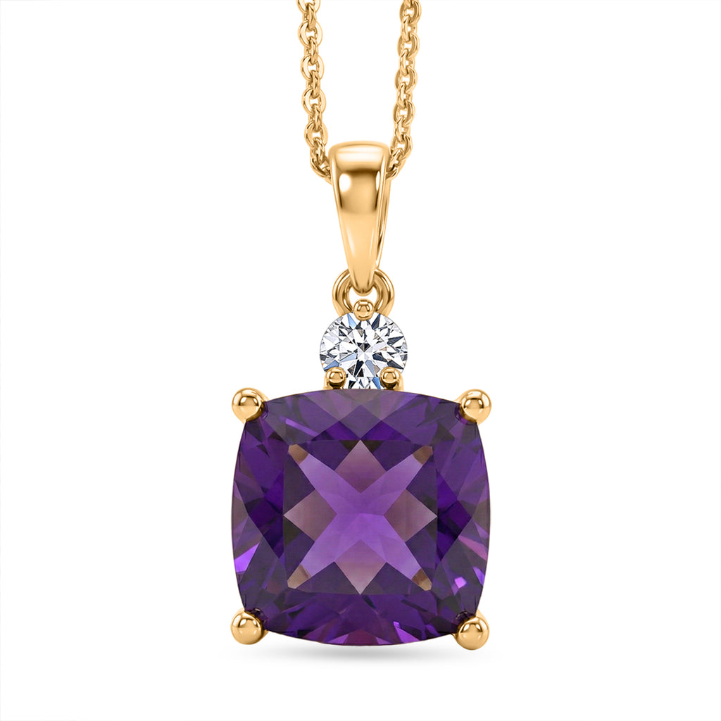 AAA African Amethyst & Lab Grown Diamond (SI/G-H) Pendant with Chain (Size 20) in 18K Vermeil Yellow Gold Plated Sterling Silver 5.12 Ct._4469195