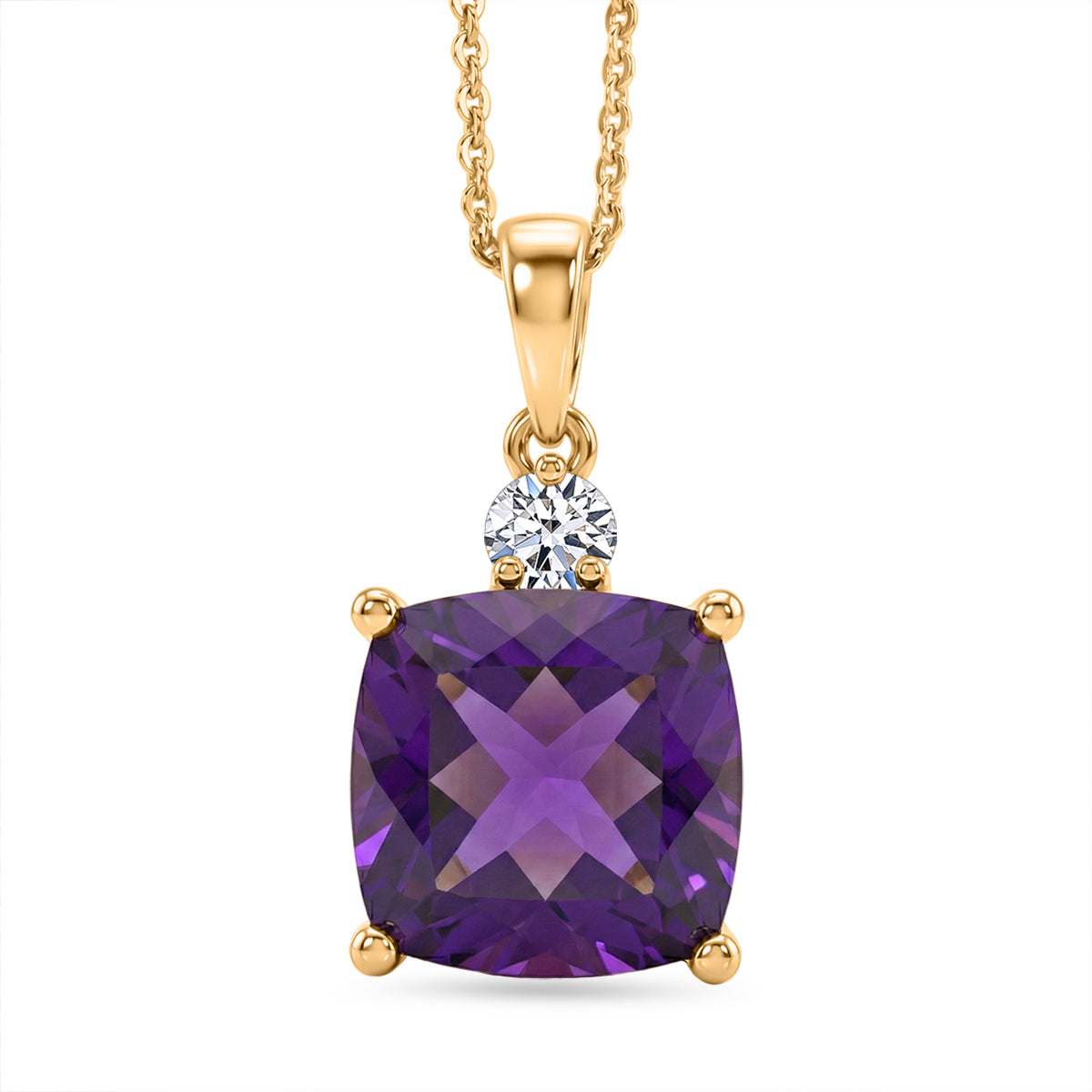 AAA African Amethyst &amp; Lab Grown Diamond (SI/G-H) Pendant with Chain (Size 20) in 18K Vermeil Yellow Gold Plated Sterling Silver 5.12 Ct. V32517647 0