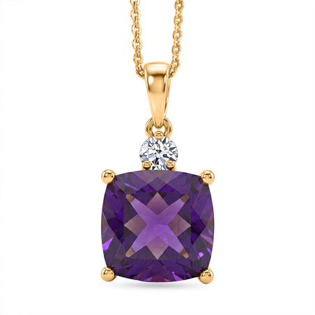 AAA African Amethyst &amp; Lab Grown Diamond (SI-G-H) Pendant with Chain (Size 20) in 18K Vermeil Yellow Gold Plated Sterling Silver 5.12 Ct. 4469195 1