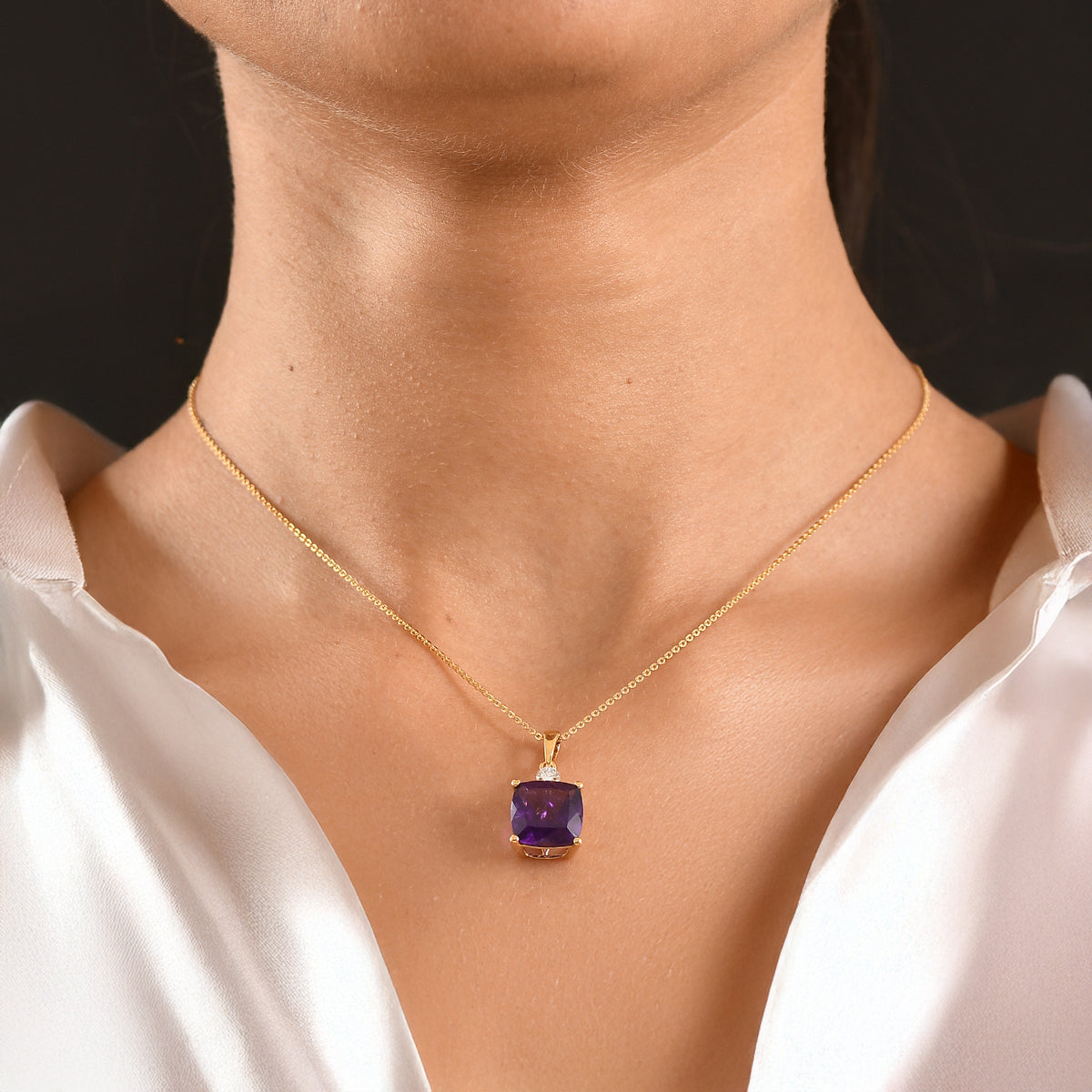 AAA African Amethyst &amp; Lab Grown Diamond (SI/G-H) Pendant with Chain (Size 20) in 18K Vermeil Yellow Gold Plated Sterling Silver 5.12 Ct. V32517647 2