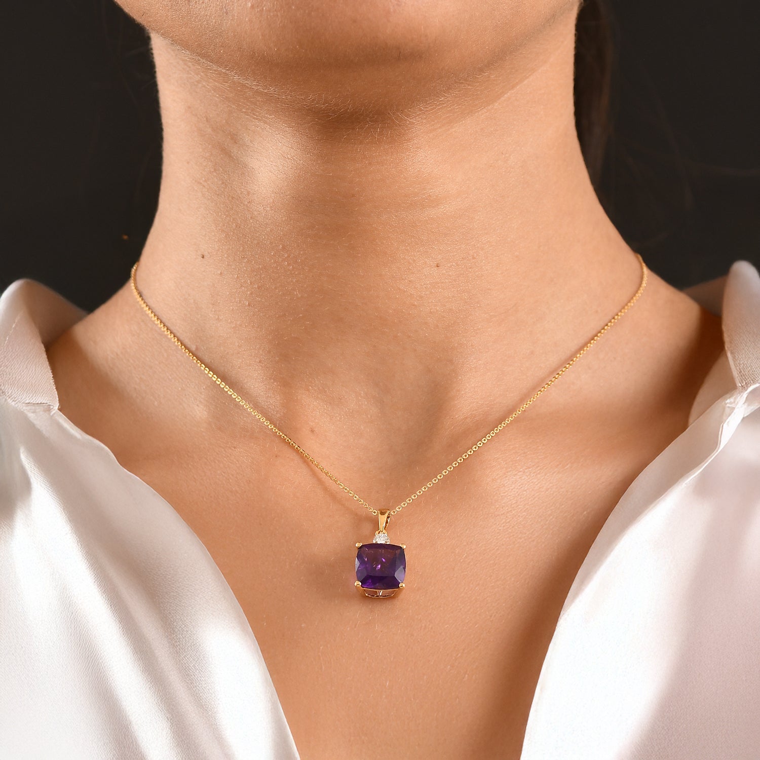 AAA African Amethyst &amp; Lab Grown Diamond (SI/G-H) Pendant with Chain (Size 20) in 18K Vermeil Yellow Gold Plated Sterling Silver 5.12 Ct. V32517647 2