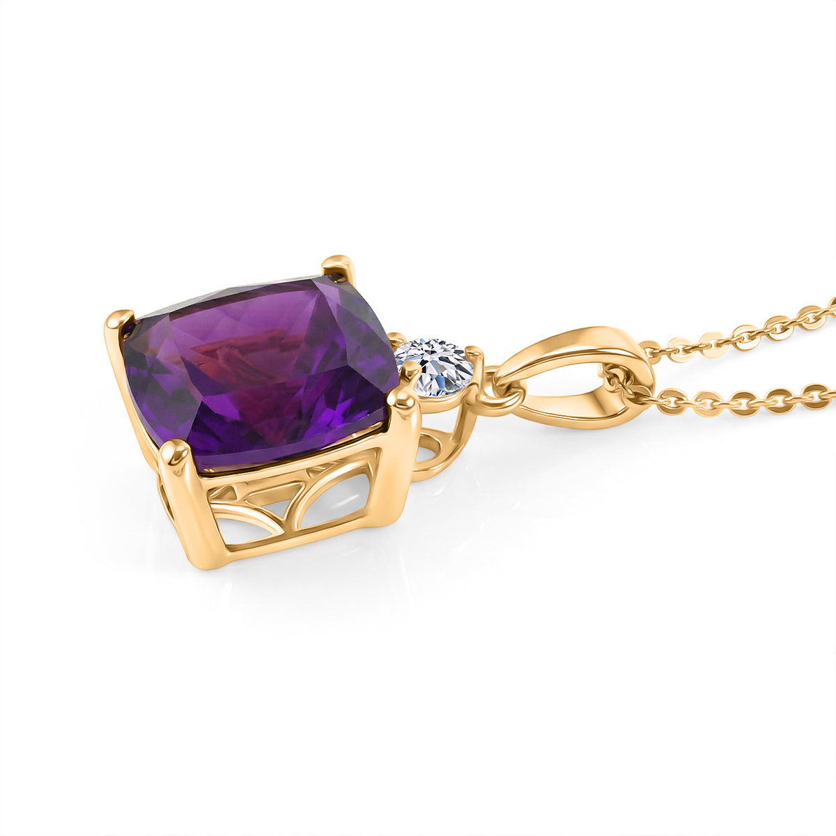 AAA African Amethyst &amp; Lab Grown Diamond (SI/G-H) Pendant with Chain (Size 20) in 18K Vermeil Yellow Gold Plated Sterling Silver 5.12 Ct. V32517647 4