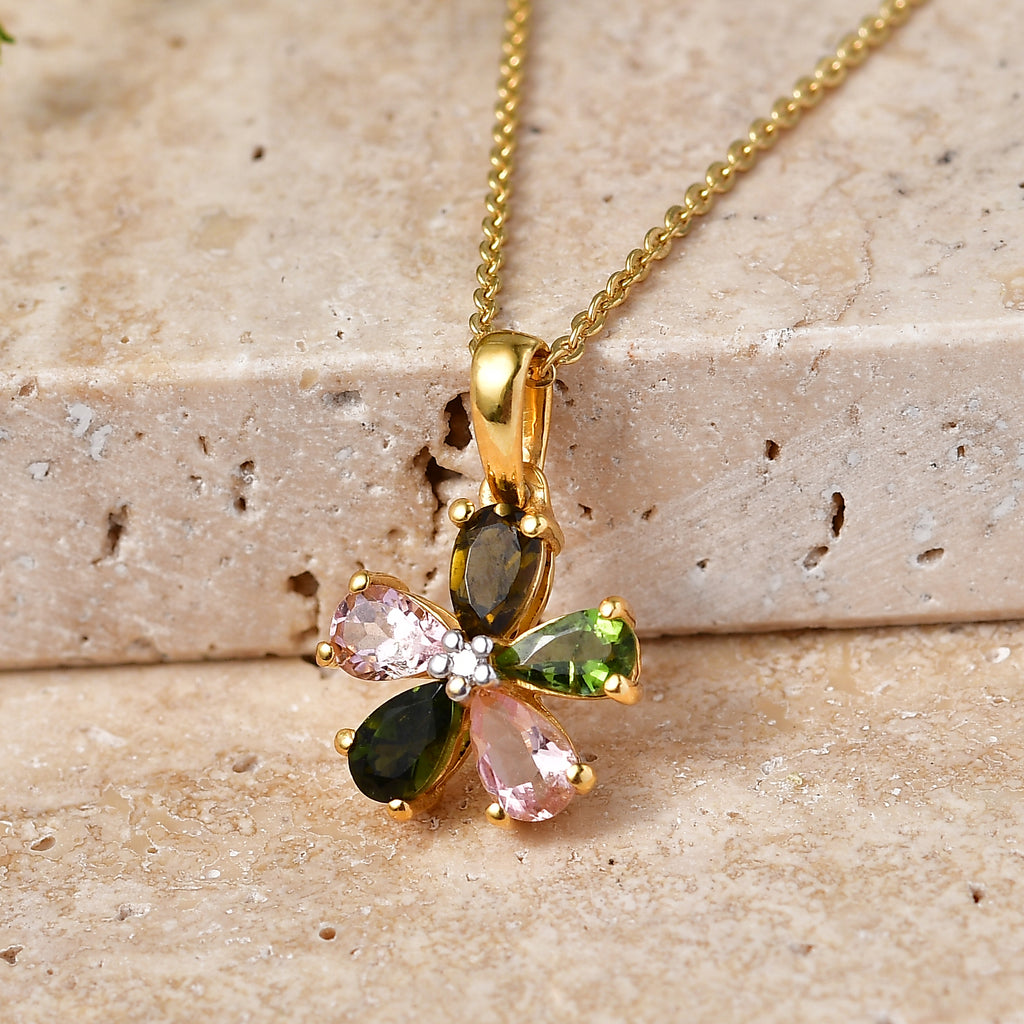 Multi-Tourmaline & Lab Grown Diamond (SI/G-H) Floral Pendant with Chain (Size 20) in Yellow Gold Plated Sterling Silver 1.00 Ct_4469462_2