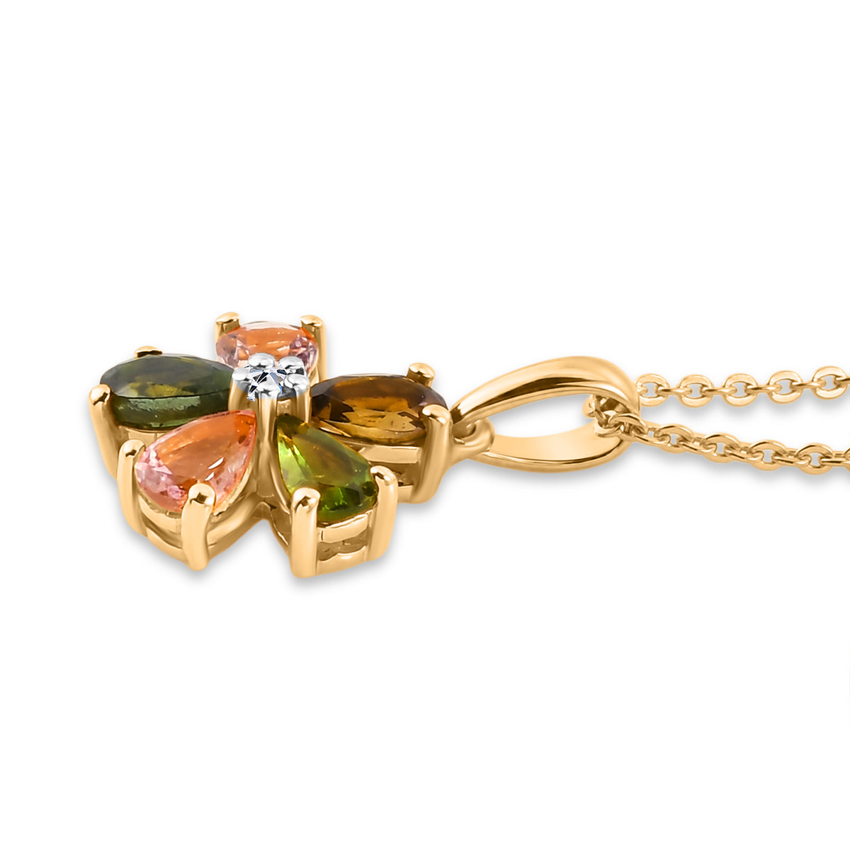 Multi-Tourmaline &amp; Lab Grown Diamond (SI/G-H) Floral Pendant with Chain (Size 20) in Yellow Gold Plated Sterling Silver 1.00 Ct V32515959 4