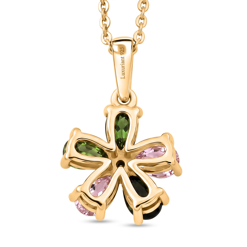 Multi-Tourmaline & Lab Grown Diamond (SI/G-H) Floral Pendant with Chain (Size 20) in Yellow Gold Plated Sterling Silver 1.00 Ct_4469462_4