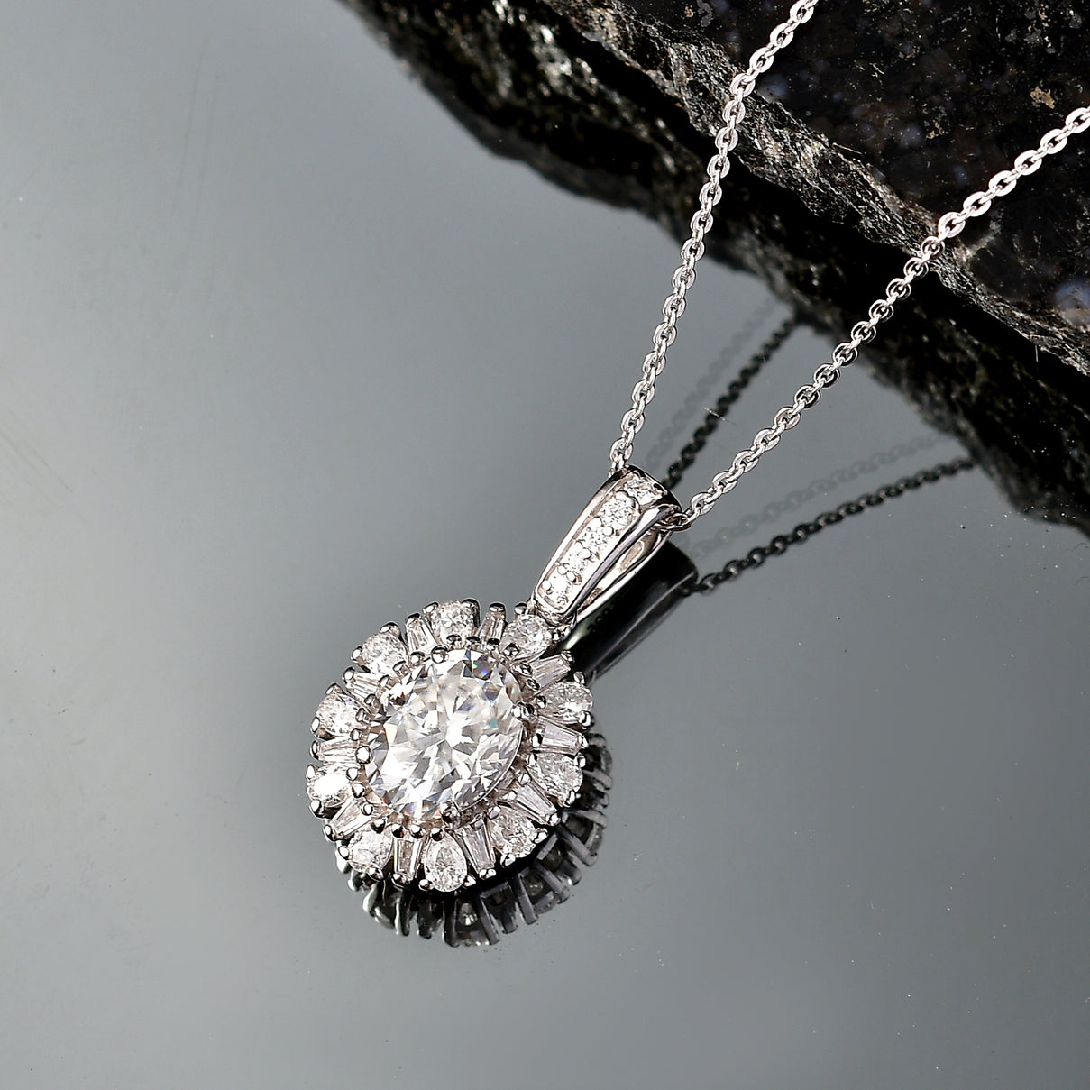 D'Joy - Moissanite Halo Pendant with Chain (Size 20) in Rhodium Overlay Sterling Silver 2.71 Ct. V32518967 3