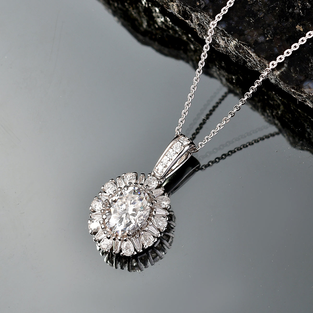 D'Joy - Moissanite Halo Pendant with Chain (Size 20) in Rhodium Overlay Sterling Silver 2.71 Ct. V32518967 3