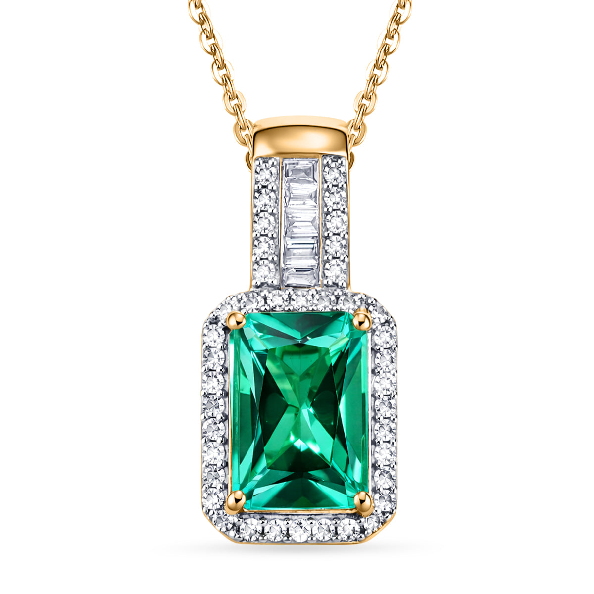 Luxuriant - Lab Grown Colombian Emerald &amp; Lab Grown Diamond (SI/G-H) Halo Pendant with Chain (Size 20) in 18K Vermeil Yellow Gold Plated Sterling Silver 1.70 Ct. 4470165 0