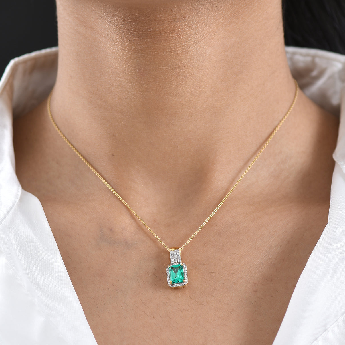 Luxuriant - Lab Grown Colombian Emerald &amp; Lab Grown Diamond (SI/G-H) Halo Pendant with Chain (Size 20) in 18K Vermeil Yellow Gold Plated Sterling Silver 1.70 Ct. 4470165 2