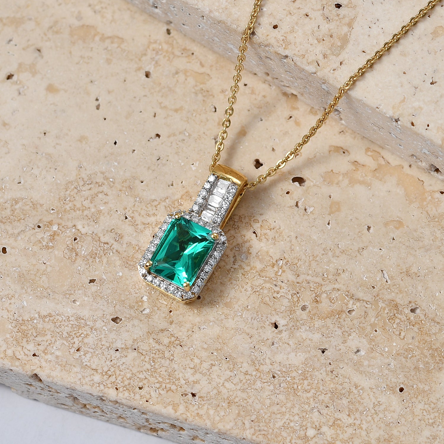 Luxuriant - Lab Grown Colombian Emerald &amp; Lab Grown Diamond (SI/G-H) Halo Pendant with Chain (Size 20) in 18K Vermeil Yellow Gold Plated Sterling Silver 1.70 Ct. 4470165 3