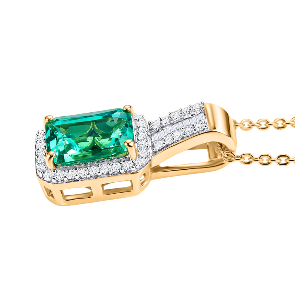 Luxuriant - Lab Grown Colombian Emerald & Lab Grown Diamond (SI/G-H) Halo Pendant with Chain (Size 20) in 18K Vermeil Yellow Gold Plated Sterling Silver 1.70 Ct._4470165_3