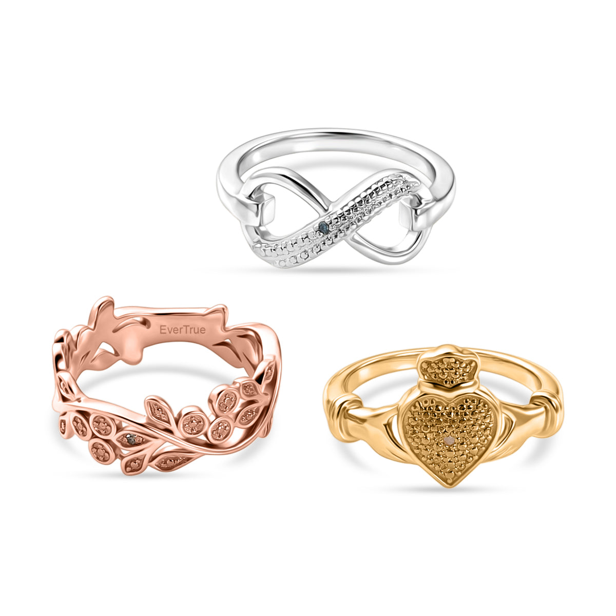 Set of 3 - EverTrue Multi Diamond Ring in Infinity, Heart &amp; Leaf Vine Design V32520714 0