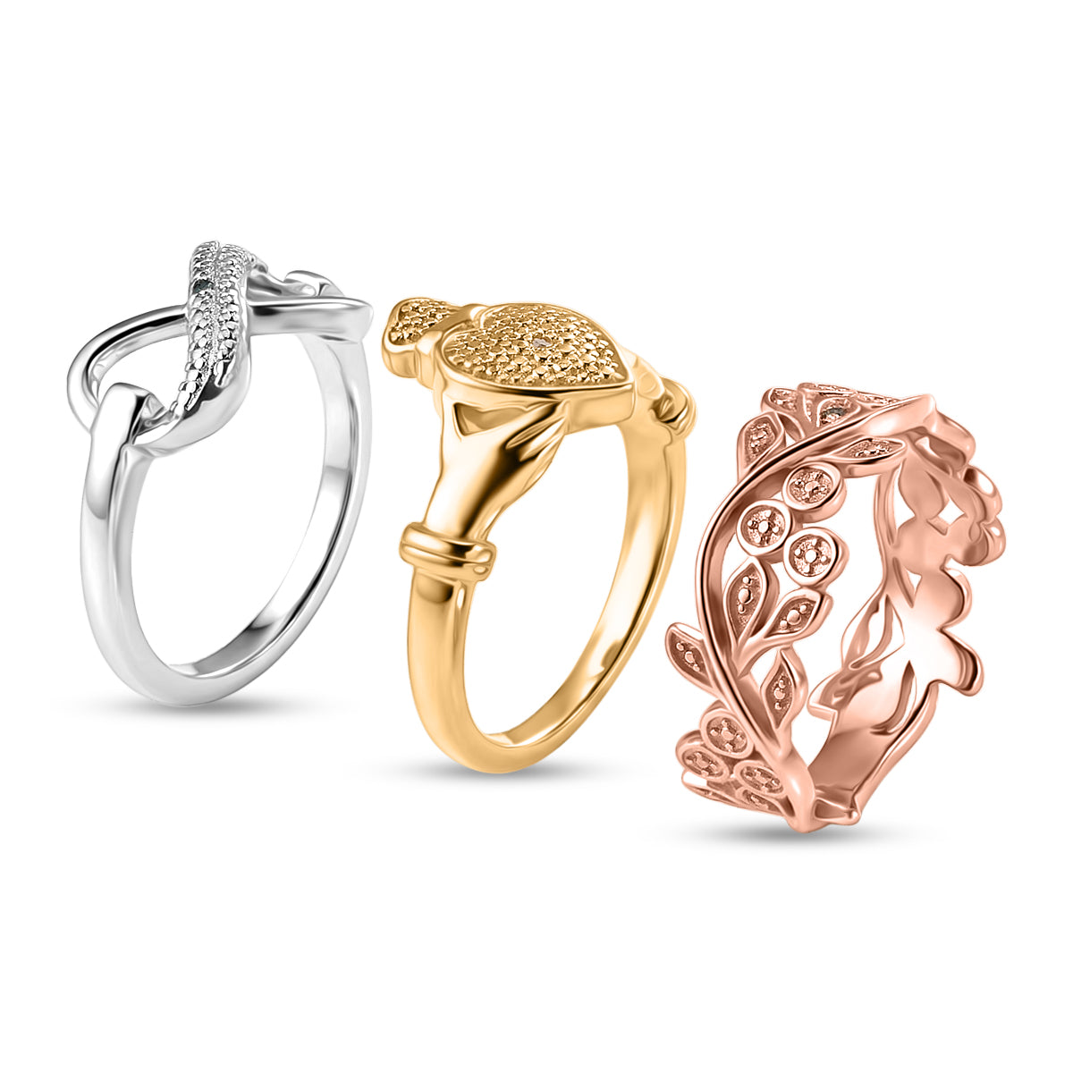 Set of 3 - EverTrue Multi Diamond Ring in Infinity, Heart &amp; Leaf Vine Design V32520714 4