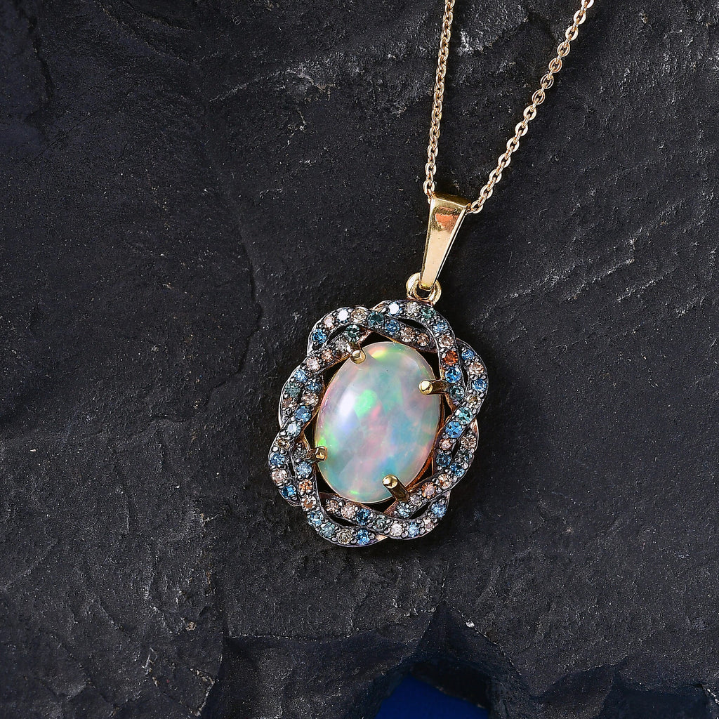 AAA Ethiopian Opal & SI-G/H Lab Grown Multi Diamond Cluster Halo Pendant with Chain (Size 20) in 18K Vermeil Yellow Gold Plated Sterling Silver 5.08 Ct_4470702_2