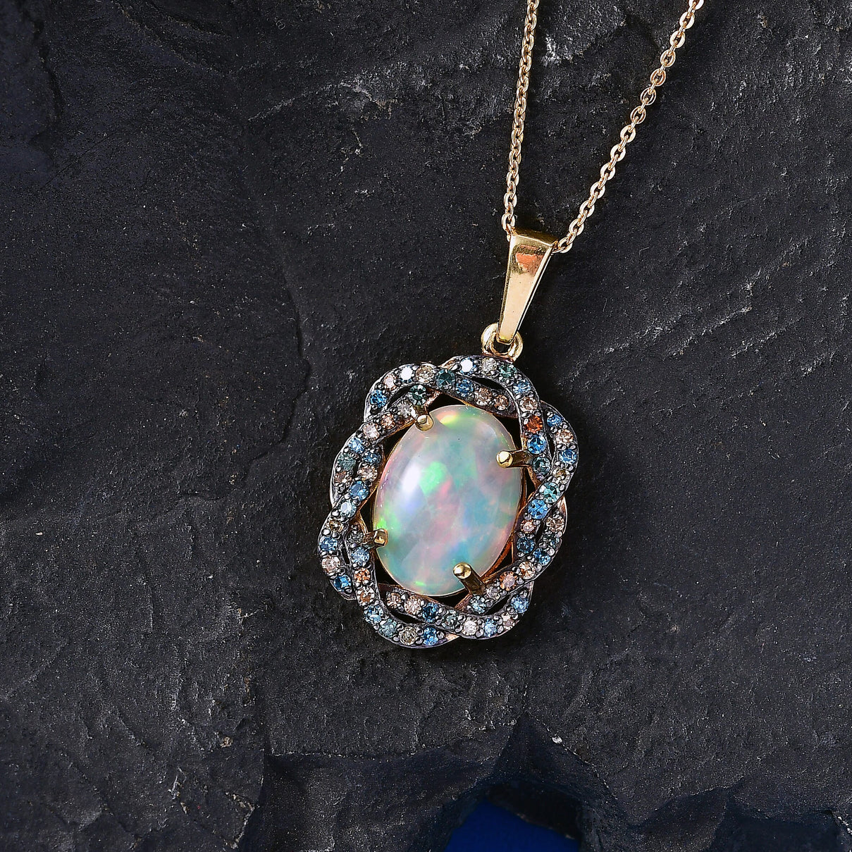 AAA Ethiopian Opal &amp; SI-G/H Lab Grown Multi Diamond Cluster Halo Pendant with Chain (Size 20) in 18K Vermeil Yellow Gold Plated Sterling Silver 5.08 Ct V32527277 3
