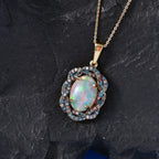 AAA Ethiopian Opal & SI-G/H Lab Grown Multi Diamond Cluster Halo Pendant with Chain (Size 20) in 18K Vermeil Yellow Gold Plated Sterling Silver 5.08 Ct_4470702_2