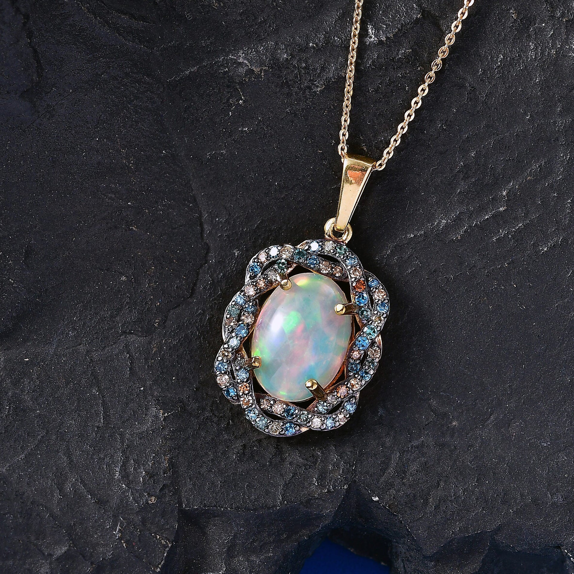 AAA Ethiopian Opal &amp; SI-G/H Lab Grown Multi Diamond Cluster Halo Pendant with Chain (Size 20) in 18K Vermeil Yellow Gold Plated Sterling Silver 5.08 Ct V32527277 3