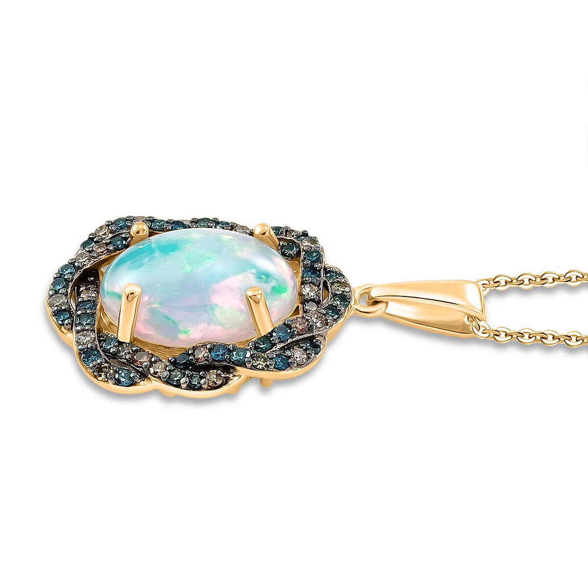 AAA Ethiopian Opal &amp; SI-G/H Lab Grown Multi Diamond Cluster Halo Pendant with Chain (Size 20) in 18K Vermeil Yellow Gold Plated Sterling Silver 5.08 Ct V32527277 4