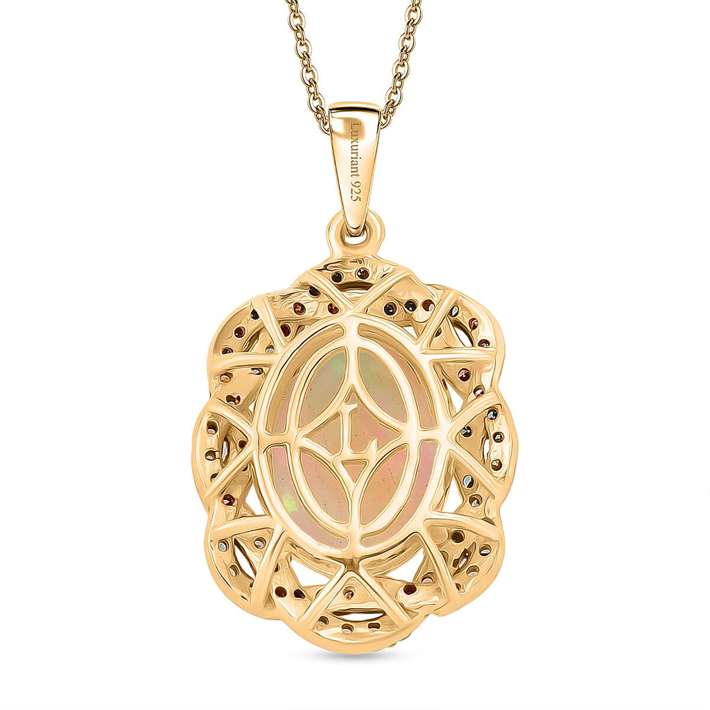 AAA Ethiopian Opal & SI-G/H Lab Grown Multi Diamond Cluster Halo Pendant with Chain (Size 20) in 18K Vermeil Yellow Gold Plated Sterling Silver 5.08 Ct_4470702_4