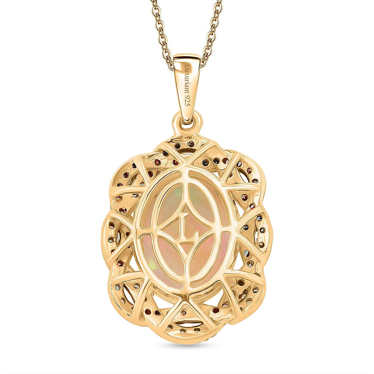 AAA Ethiopian Opal &amp; SI-G/H Lab Grown Multi Diamond Cluster Halo Pendant with Chain (Size 20) in 18K Vermeil Yellow Gold Plated Sterling Silver 5.08 Ct V32527277 5