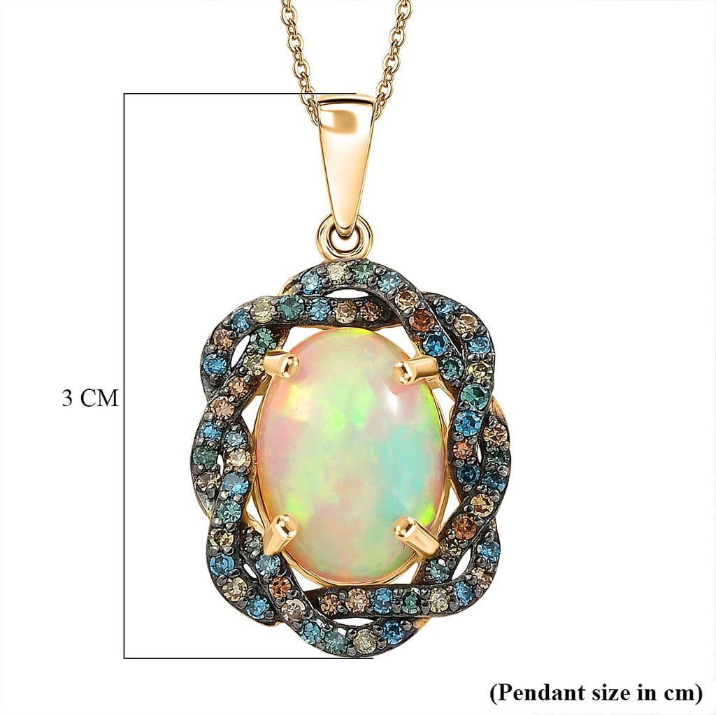 AAA Ethiopian Opal & SI-G/H Lab Grown Multi Diamond Cluster Halo Pendant with Chain (Size 20) in 18K Vermeil Yellow Gold Plated Sterling Silver 5.08 Ct_4470702_5