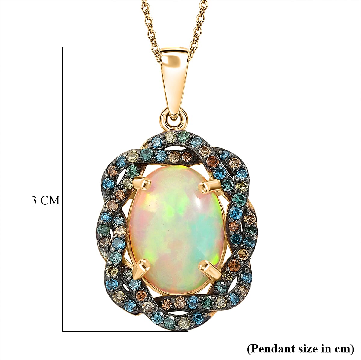 AAA Ethiopian Opal &amp; SI-G/H Lab Grown Multi Diamond Cluster Halo Pendant with Chain (Size 20) in 18K Vermeil Yellow Gold Plated Sterling Silver 5.08 Ct V32527277 6